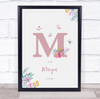 Pink Initial M Watercolour Flowers Baby Birth Details Nursery Christening Print