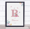 Pink Initial R Watercolour Flowers Baby Birth Details Nursery Christening Print