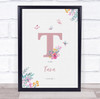 Pink Initial T Watercolour Flowers Baby Birth Details Nursery Christening Print