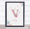 Pink Initial V Watercolour Flowers Baby Birth Details Nursery Christening Print