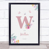 Pink Initial W Watercolour Flowers Baby Birth Details Nursery Christening Print