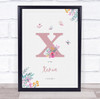 Pink Initial X Watercolour Flowers Baby Birth Details Nursery Christening Print