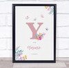 Pink Initial Y Watercolour Flowers Baby Birth Details Nursery Christening Print