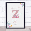 Pink Initial Z Watercolour Flowers Baby Birth Details Nursery Christening Print