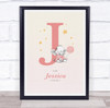 Pink Baby Girl Elephant Initial J Baby Birth Details Nursery Christening Print