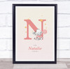 Pink Baby Girl Elephant Initial N Baby Birth Details Nursery Christening Print