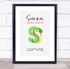 New Baby Birth Details Christening Nursery Initial S Snake Keepsake Gift Print