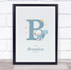 New Baby Birth Details Christening Nursery Blue Elephant Initial B Gift Print