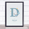 New Baby Birth Details Christening Nursery Blue Elephant Initial D Gift Print
