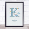 New Baby Birth Details Christening Nursery Blue Elephant Initial K Gift Print