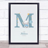 New Baby Birth Details Christening Nursery Blue Elephant Initial M Gift Print