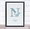 New Baby Birth Details Christening Nursery Blue Elephant Initial N Gift Print