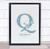 New Baby Birth Details Christening Nursery Blue Elephant Initial Q Gift Print