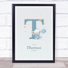 New Baby Birth Details Christening Nursery Blue Elephant Initial T Gift Print