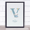 New Baby Birth Details Christening Nursery Blue Elephant Initial V Gift Print