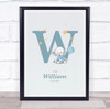 New Baby Birth Details Christening Nursery Blue Elephant Initial W Gift Print