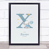 New Baby Birth Details Christening Nursery Blue Elephant Initial X Gift Print