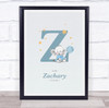 New Baby Birth Details Christening Nursery Blue Elephant Initial Z Gift Print