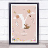 Baby Birth Details Nursery Christening Woodland Animals Pink Initial Y Print