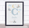 New Baby Birth Details Nursery Christening Blue Planes Initial C Gift Print