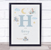 New Baby Birth Details Nursery Christening Blue Planes Initial H Gift Print