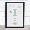 New Baby Birth Details Nursery Christening Blue Planes Initial I Gift Print