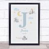 New Baby Birth Details Nursery Christening Blue Planes Initial J Gift Print