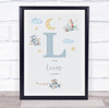 New Baby Birth Details Nursery Christening Blue Planes Initial L Gift Print