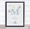 New Baby Birth Details Nursery Christening Blue Planes Initial M Gift Print