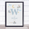 New Baby Birth Details Nursery Christening Blue Planes Initial W Gift Print