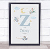 New Baby Birth Details Nursery Christening Blue Planes Initial Z Gift Print