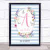 Any Initials Birthday Date Name Blue Floral Butterflies Keepsake Gift Print
