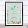 New Baby Birth Details Christening Nursery Stork Dark Skin Baby Gift Print