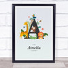 Jungle Animals Initial A Baby Birth Details Nursery Christening Gift Print
