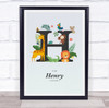 Jungle Animals Initial H Baby Birth Details Nursery Christening Gift Print