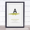 New Baby Birth Details Christening Nursery Initial A Alligator Gift Print