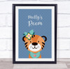 Tiger With Flowers Blue Personalised Children's Wall Art Print