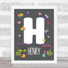 Grey Floral Butterfly Bird Initial H Personalised Children's Wall Art Print