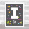 Grey Floral Butterfly Bird Initial I Personalised Children's Wall Art Print