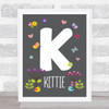 Grey Floral Butterfly Bird Initial K Personalised Children's Wall Art Print