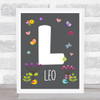 Grey Floral Butterfly Bird Initial L Personalised Children's Wall Art Print