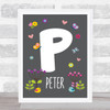 Grey Floral Butterfly Bird Initial P Personalised Children's Wall Art Print