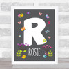 Grey Floral Butterfly Bird Initial R Personalised Children's Wall Art Print