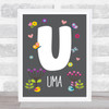 Grey Floral Butterfly Bird Initial U Personalised Children's Wall Art Print