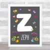 Grey Floral Butterfly Bird Initial Z Personalised Children's Wall Art Print