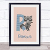 Initial Funky Letter R With Raccoon Personalised Children's Wall Art Print