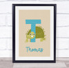 Initial Funky Letter T With Turtle Personalised Children's Wall Art Print