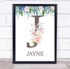 Floral Any Name Initial J Personalised Children's Wall Art Print