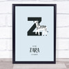Initial Letter Z Zebra Personalised Children's Wall Art Print