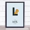 Initial Letter L Lion Personalised Children's Wall Art Print